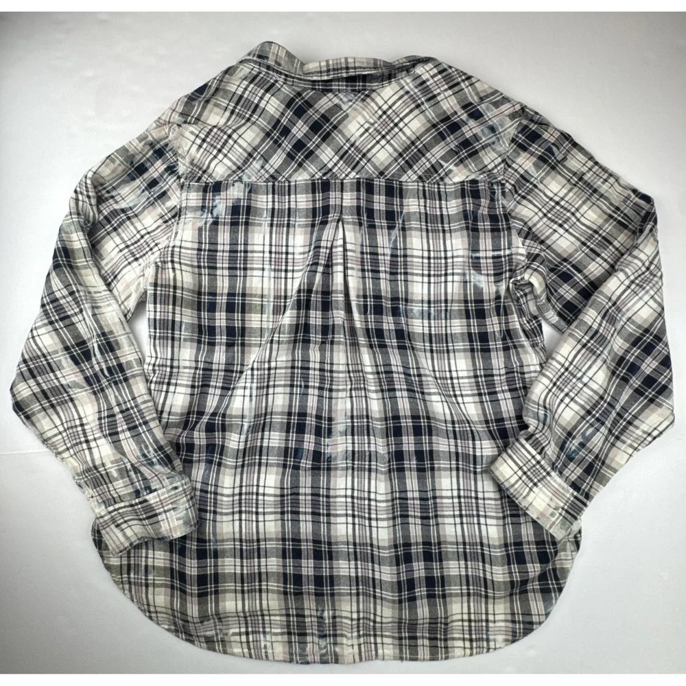 Distressed‎ Bleached Plaid Button Down Shirt Rock & Republic Purple Black Large
